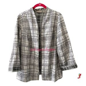 Chico's Modern Open Front Jacket in Pretty Brown White and Abstract Design Large